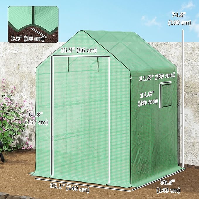 Outsunny 4.6' x 4.7' Portable Greenhouse, Water/UV Resistant Walk-in Small Outdoor Green House with 2 Tier U-Shaped Flower Rack Shelves, Roll Up Door & Windows, Green
