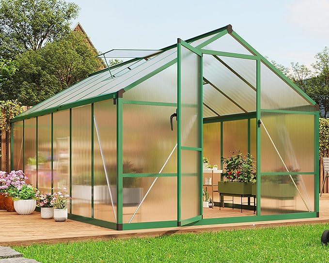 8X12FT Outdoor Greenhouse, Aluminum Polycarbonate House, Green Houses for Outside with Sliding Doors, Ajustable Roof Vent, Withstands Bad Weather for Garden, or Backyard, Green