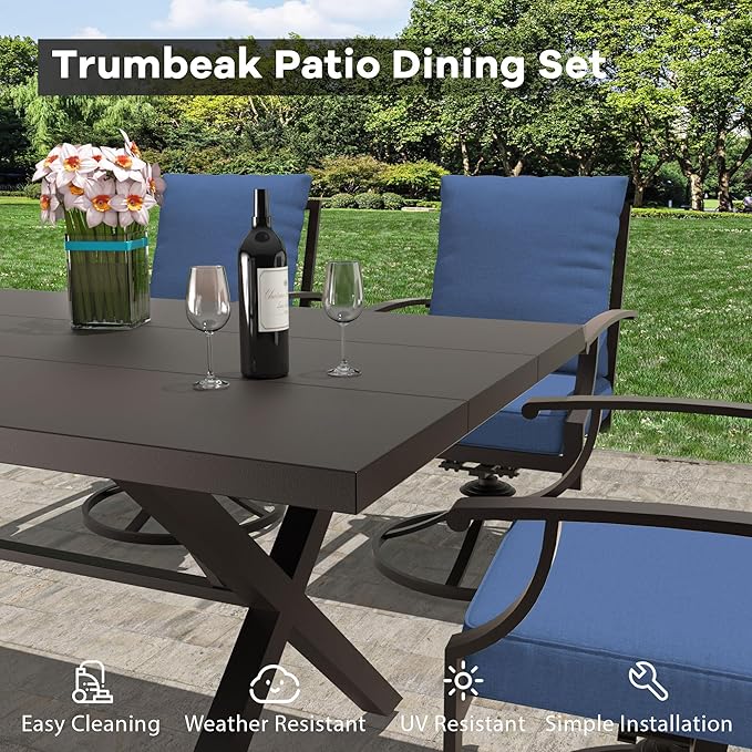 7-Piece Patio Dining Set Outdoor Conversation Set,Metal Outdoor Furniture Set with Umbrella Hole Cut-Out 78.7" x 35.4" Table and 6 Metal Backrest Swivel Chairs for Backyard,Garden,NavyBlue