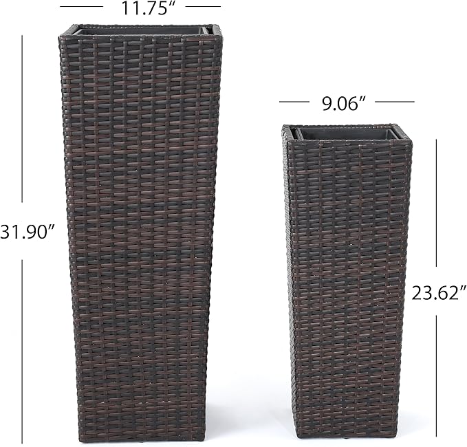32"H Outdoor Rattan Flower Pots Set of 2,Patio Wicker All-Weather Planter Set,Rattan Plant Pots with Iron Frame for Herb Garden,or Indoor Decor,Large & Small Sizes, No Assembly Required Brown