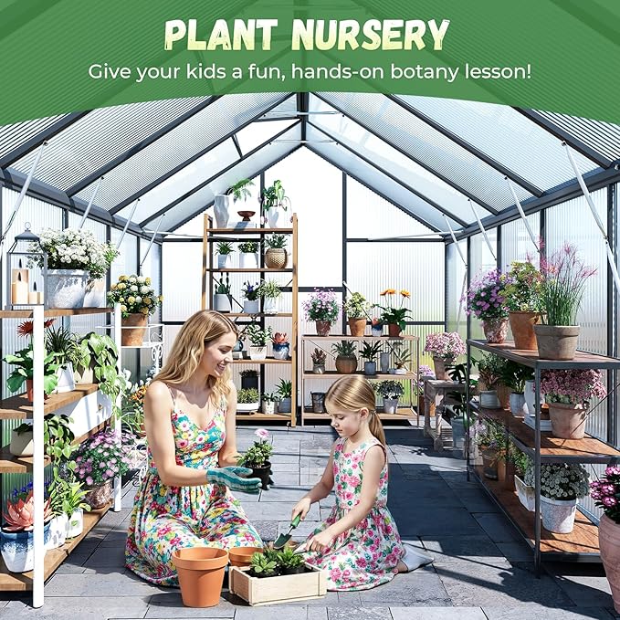 8x10FT Greenhouse for Outdoors, Galvanized Steel Frame Winter Green House w/ Adjustable Roof Vent, Lockable Door Handle &DrainageSystem, Walk-in Greenhouses for Outside Garden Backyard