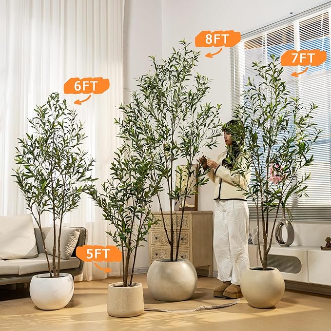 Erimda 8FT Artificial Olive Tree Tall Faux Silk Plant Tall Faux Olive Tree with Natural Wood Trunk & Lifelike Fruits Fake Potted Tree or Home Office Decor