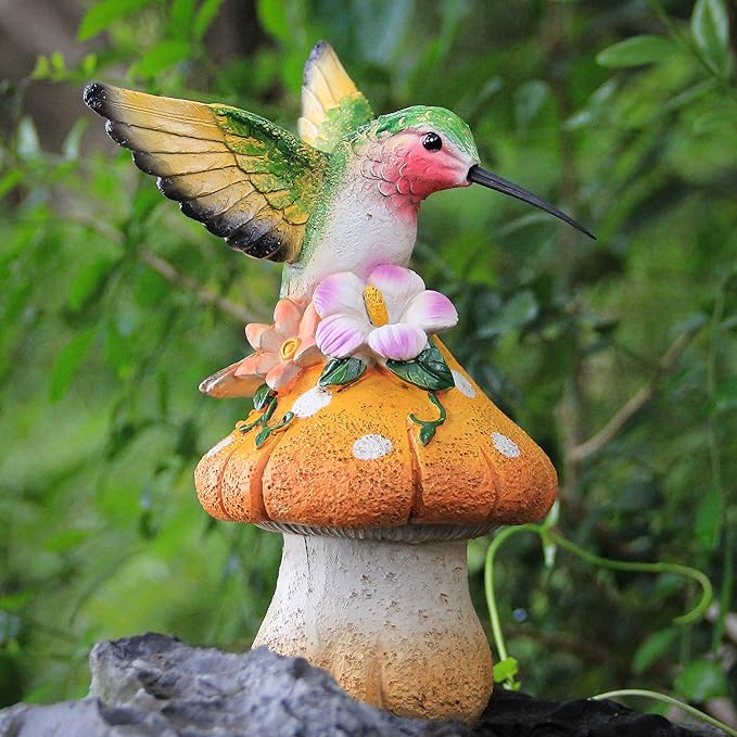 Smadeer Hummingbird Stand on Mushroom for Garden Decorations,Hummingbird Statue for Outdoor Backyard Yard Porch Patio Lawn Outside Indoor Home Shelf Decor Accents,Bird Sculpture Figurine