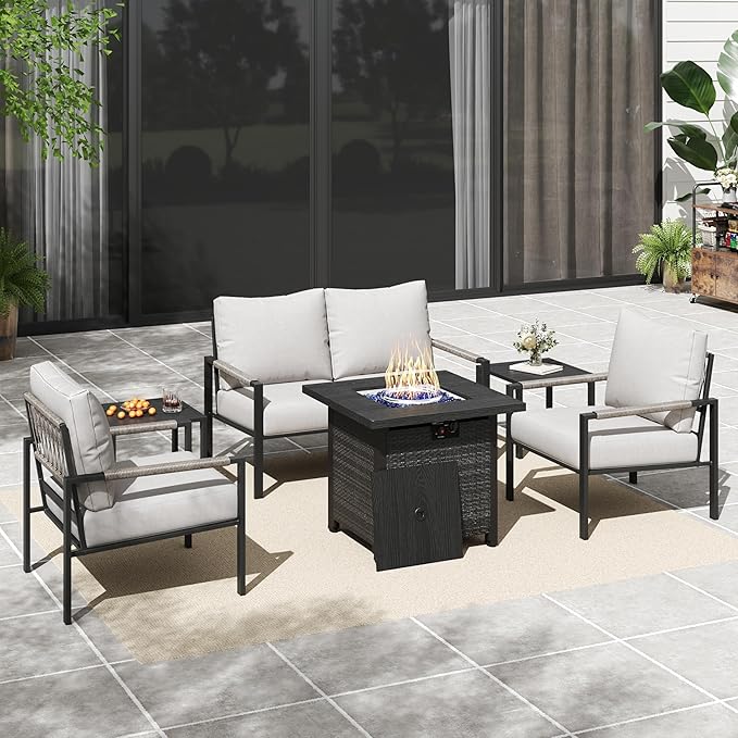 6 Pieces Rattan Outdoor Furniture Set, All-Weather Patio Conversation Set with Warm Grey Cushions, Coffee Table and 28" Fire Pit Table for Garden, Backyard, Balcony, Poolside