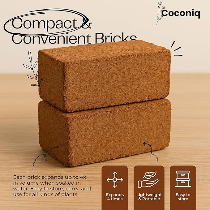 COCONIQ Premium Coco Coir Bricks 2 Pack - Lightweight Cocopeat for Garden Soil, Compressed Coconut Fiber Brick for Potting, Gardening, Planting, Seed Starting, Indoor & Outdoor Plants, Set of 2