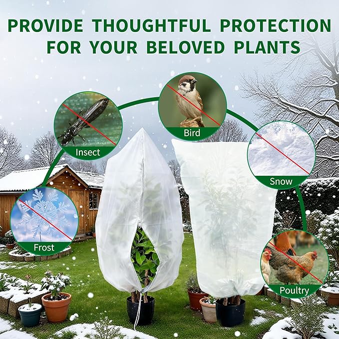 Plant Covers Freeze Protection, 5 Pack Frost Covers with Zipper Drawstring (31.5" x 47.3") Plant Protection Cover Bags for Outdoor Winter Frost Cold Weather Shrubs Trees Jacket Covers, White