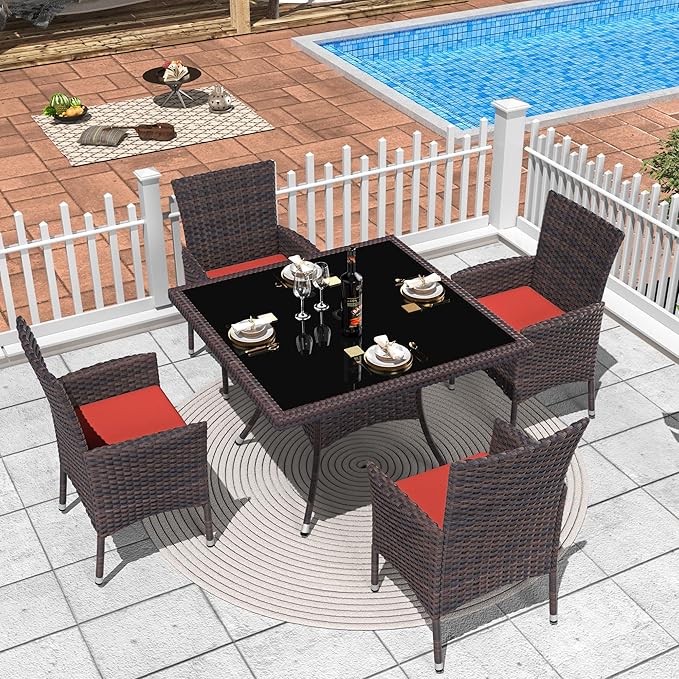 5 Piece Outdoor Dining Set,Rattan Patio Conversation Set of 4 Chairs,Patio Dining Table and Chairs w/Cushions,Square Glass Tabletop,Umbrella Cutout for Patio,Red