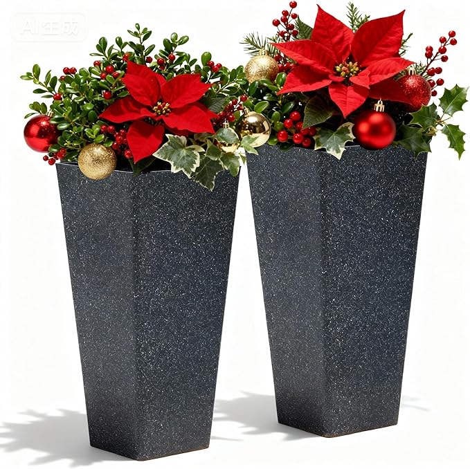 Autodaya 28" Plant Pots Tall Planters for Plants Outdoor Set of 2 Plastic Planter Pot Large Flower Pots Indoor Weather-Resistant for Patio, Porch, Garden, Front Door Christmas Decor Terrazzo Black