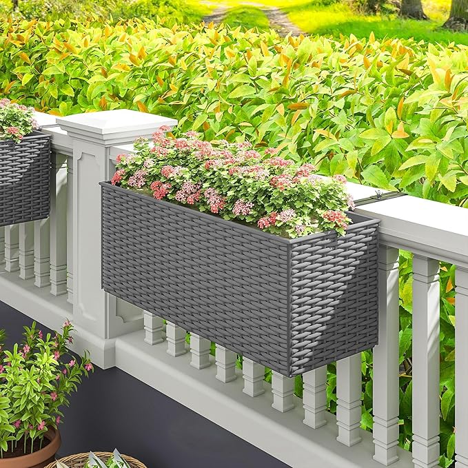 Outsunny Railing Planter Box (2 Pack, 20 Inch), Hanging Flower Pots with Hooks, Drainage Holes for Fence, Balcony, Garden, Patio, Rattan Look, Gray