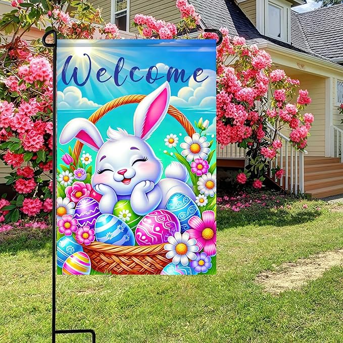 Happy Easter Bunny Garden Flag 12x18 Double Sided Sleepy Bunny Easter Egg Rabbit Easter Garden Flag Outdoor Flag Seasonal Decors for Spring Farmhouse Holiday Yard Outside Decorative Banner