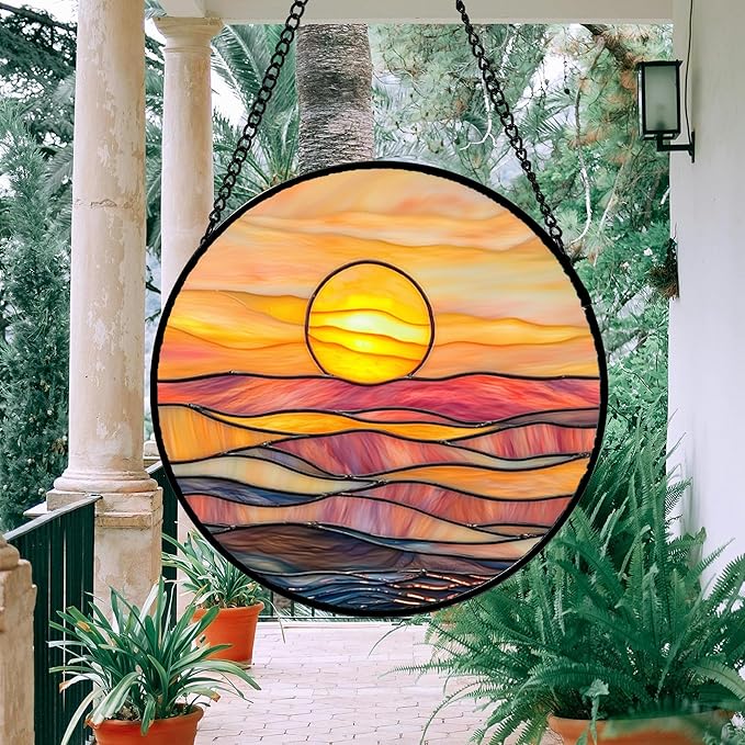 HWRHTR Stained Glass Window Hanging, Orange Sunrise Suncatcher Diamond Glass Panel Hangings Scenery Sun Catchers Decor for Birthday for Women, Men, Wife, Aunt, and Mom 9.8 in