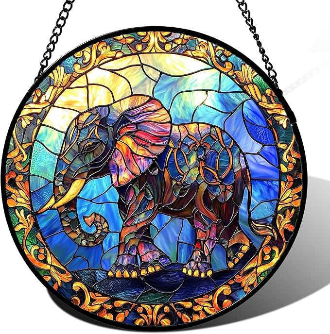 Stained Glass Window Hanging - Blue Elephant Suncatcher for Door Terrace Garden Home Decor, Yellow Retro Sun Catcher Birthday Gifts for Lovers Women Men Dad Mom Nana 7.8 in