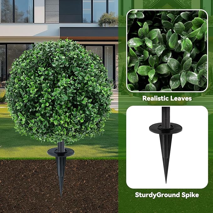 ENVEN Artificial Topiary Ball Tree Outdoor Plants with Ground Spike 22"- UV Resistant Faux Shrubs, Eucalyptus Fake Plants for Indoor & Garden, Yard, Porch, Patio Decor (Green Boxwood)