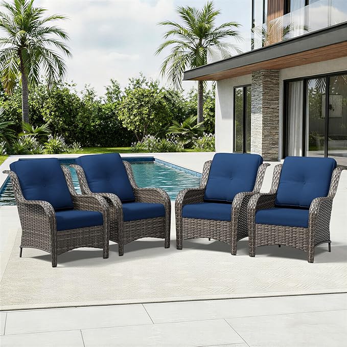 Joyside 4 Piece Wicker Patio Furniture Set, Rattan Patio Chairs with High Back, Deep Seating, Wide Armrest, Thickened Cushions, Outdoor Furniture for Deck, Porch Use