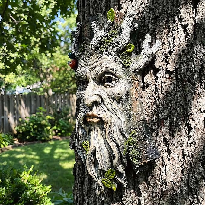 10" Whimsical Tree Face Sculpture, Garden Peeker Statue, Outdoor Trunk Tree Huggers Art, Landscape Accent Ornament, Hanging Fairy Elve Figurine for Yard Art, Trees Decor Wall Mounted Statues