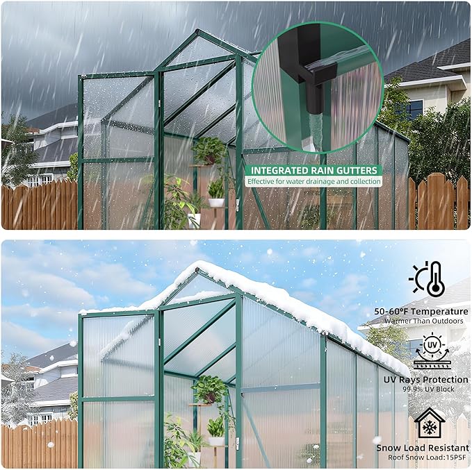 6x8 FT Greenhouse,Outdoor Polycarbonate Greenhouse with Roof Vent & Integrated Gutters,Aluminum Walk-in Green House W/ Reinforced Frame for Outside Garden Backyard,Green