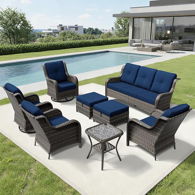 Joyside 8 Piece Wicker Patio Furniture Set, Outdoor Swivel Rocker Patio Chairs with High Back, Deep Seating, Wide Armrest, Thickened Cushions, Outdoor Furniture for Deck, Porch Use