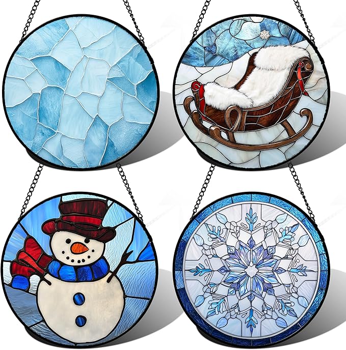 AMDERVEN Stained Glass Window Hanging 4 Pcs Set Blue White Christmas Snowman Snowflake 9.8" - Suncatcher Door Garden Sun Catcher Decor Birthday Mother's Day Xmas Gifts for Mom Woman Nana Men
