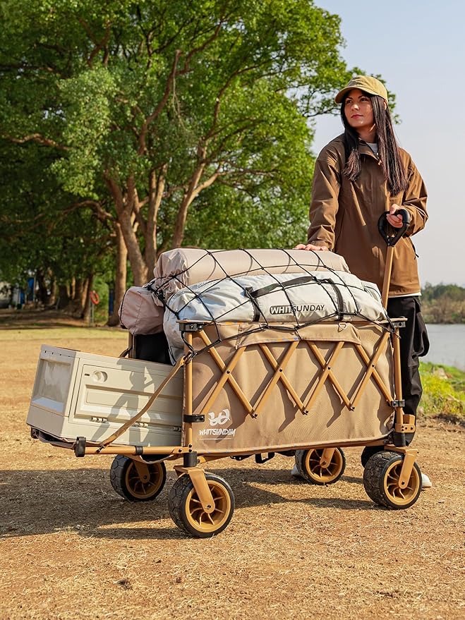 Whitsunday Collapsible Folding Wagon with Table,Heavy Duty Utility Beach Wagons with Opened Tailgate and All-Terrain Wheels for Camping,Garden,Sports Khaki