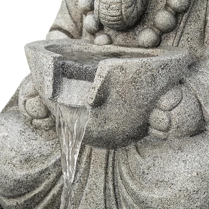 Glitzhome 2-Tiered Zen-Style Concrete Elephant Polyresin Outdoor Fountain with Pump and LED Light, 21.75" H