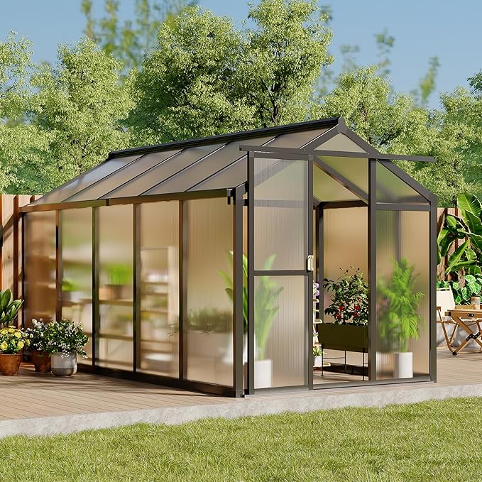 6X10 FT Greenhouse, Polycarbonate Garden Greenhouse for Outdoors,Aluminum Frame Green House with Lockable Door and Adjustable Roof Vent, Ideal for Backyard Patio and Outside Growing
