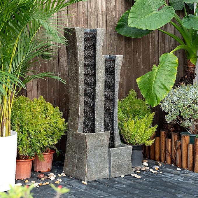 YZM 39.76" H Modern Outdoor Water Fountain with LED Lights Floor-Standing Cascading Waterfall with Dual Curved Columns for Garden Patio Deck Porch or Indoor Decor