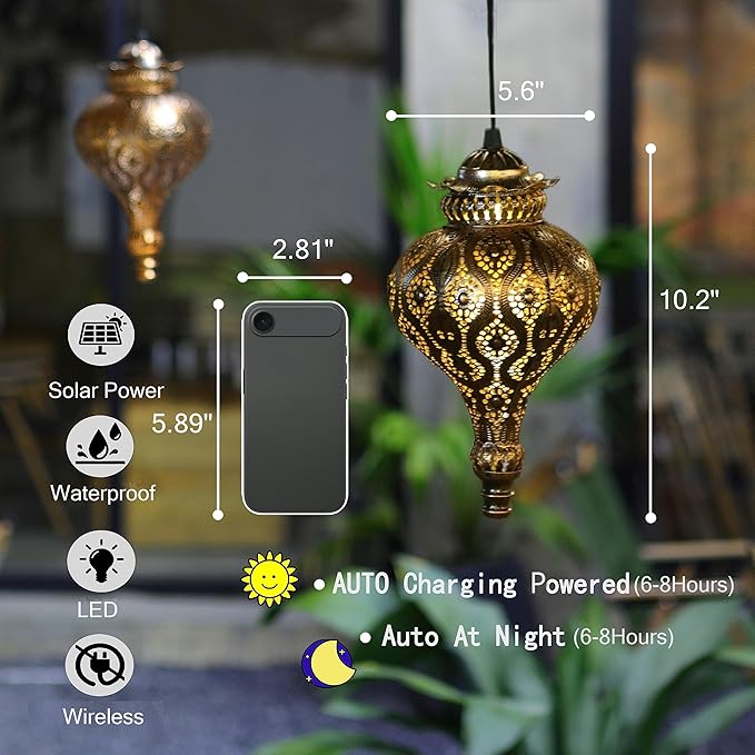 Moroccan Solar Lanterns Outdoor Waterproof Bronze Hanging Lanterns Outdoor Ramadan Garden Decor Gardening Gifts for Women Mom Grandma Solar Lights for Patio, Pathway, Yard, Porch, Backyard.