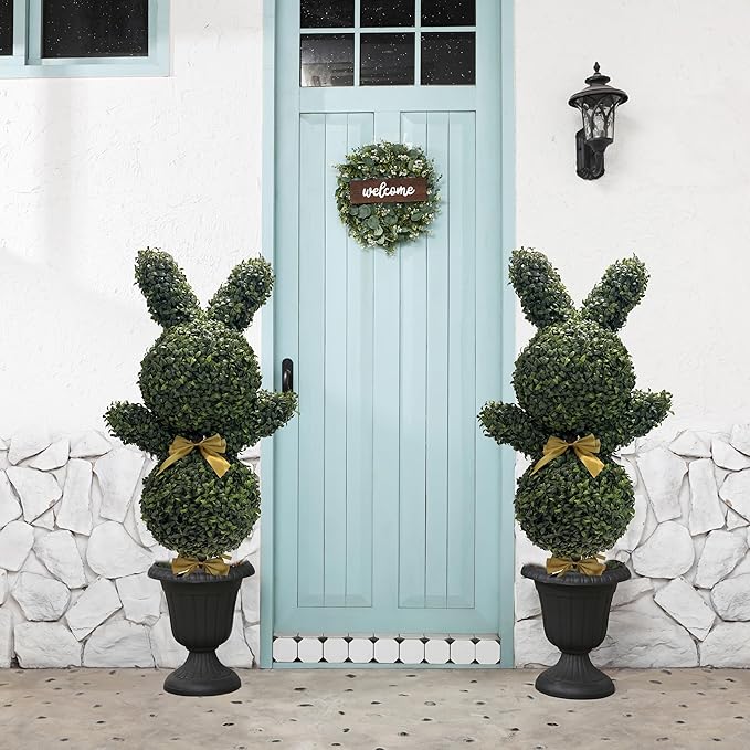 BLONYUVC 36'' Artificial Bunny-Shaped Topiary Double Ball Tree Pot UV-Resistant Bowknot Faux Boxwood Topiaries Plant for Porch Decor Outdoor/Indoor 2 Pack
