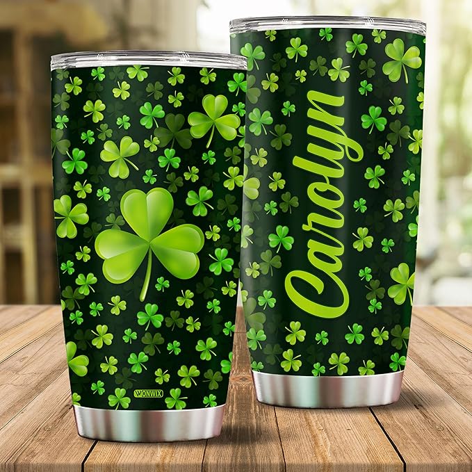 WONWIX Personalized Green Irish Shamrocks Tumbler For Women with Lid Insulated 20 oz Stainless Steel Water Bottle Coffee Cup Travel Mug Gift For Mom Daughter Wife Girls