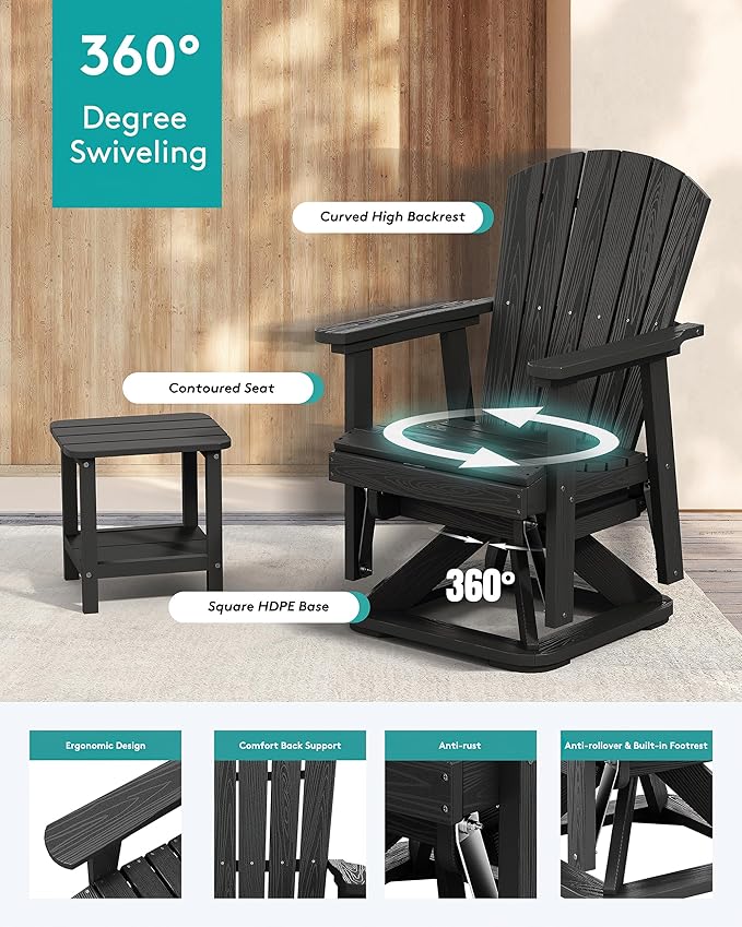 SERWALL Adirondack Swivel Glider Chair, HDPE Glider Set of 2 for Outdoor, All-Weather Glider Chair for Porch, Balcony, Midnight Black