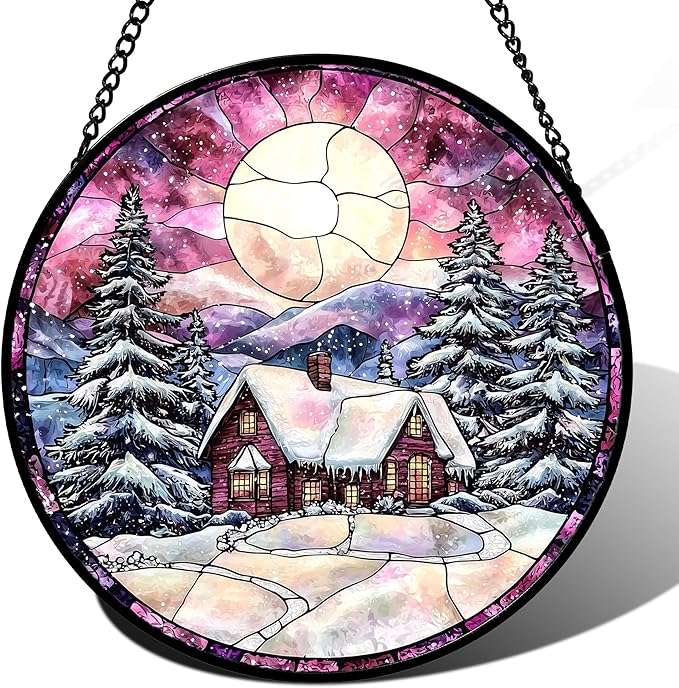 AMDERVEN Stained Glass Window Hanging - Winter Snow Scene Cabin Moon Sun Catcher for Door Garden Home Decor Pine Tree Suncatcher Christmas Mother's Day Birthday Gifts for Women Men Mom Nana 6.3 in