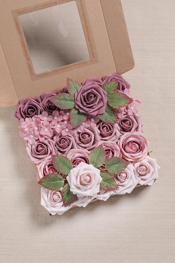 YYHUAWU Artificial Flowers Combo Box Set Gradient Color Flower Leaf with Stems for DIY Wedding Bouquets Centerpieces Baby Shower Party Home Decorations