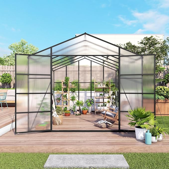 10x12T Greenhouse,Outdoor Polycarbonate Greenhouse with Roof Vent & Integrated Gutters,Aluminum Large Walk-in Green House W/ Reinforced Frame for Outside Garden Backyard,Black
