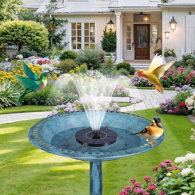 VECELO 28" Pedestal Outdoor Bird Bath with Solar Powered Fountain for Outside, Vintage Bronze Polyresin Lightweight Antique, Yard/Garden Decoration, Blue