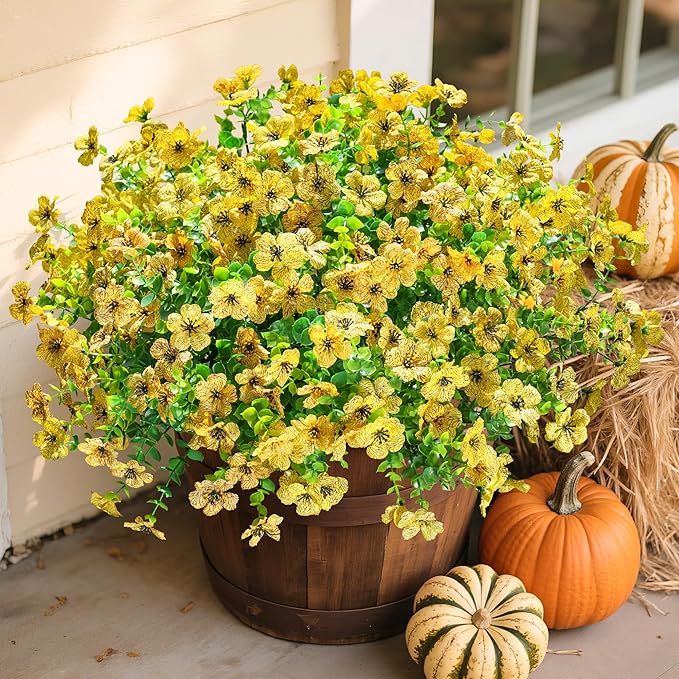 florisso Artificial Fake Fall Yellow Mums Flowers Plants for Outdoor Outside, 12 Bundles Autumn Faux Silk Daisy UV Resistant Realistic for Porch Patio Home Window Box Yard Garden Planter
