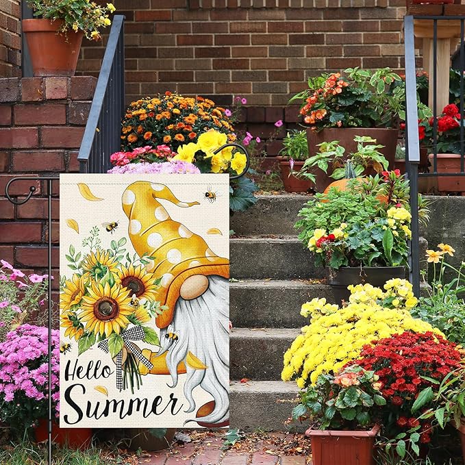 Louise Maelys Welcome Spring Summer Gnome Garden Flag 12x18 Double Sided, Burlap Small Vertical Sunflower Garden Yard Flags for Seasonal Outside Outdoor House Decoration (ONLY FLAG)