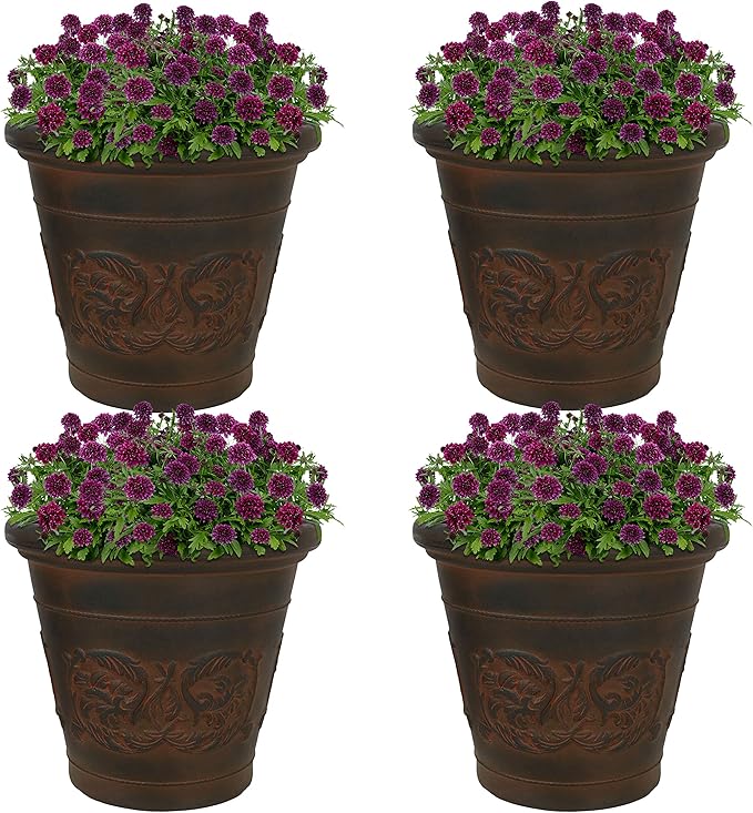 Sunnydaze 16-Inch Arabella Large Plant Pot - Polyresin Insulated Round Outdoor Planter with Drillable Drainage Holes - 4 Pack - Rust