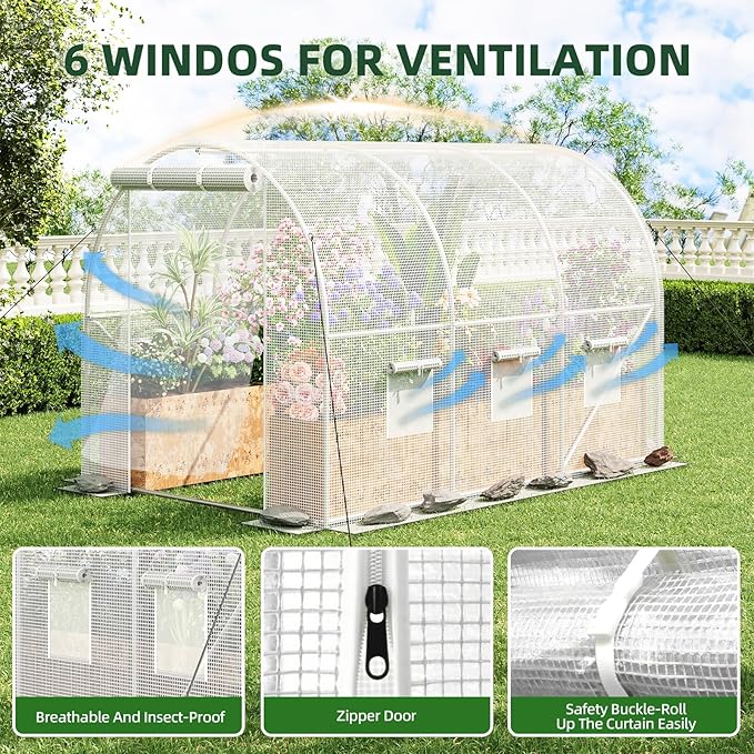 Superlele Heavy Duty Walk-in Greenhouse for Outdoor, 10x6.6x6.6FT Tunnel Greenhouse, Large Garden Green House with Reinforced PE Mesh Cover, 6 Windows with Screen, Stakes and Ropes, White