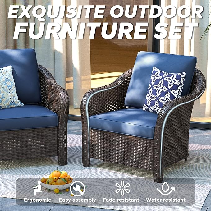 3 Pieces Outdoor Patio Conversation Set, 55" Couch, 2 Chairs, Rattan Wicker Conversation Furniture with Removable Cushions for Bistro, Deck (Navy Blue)