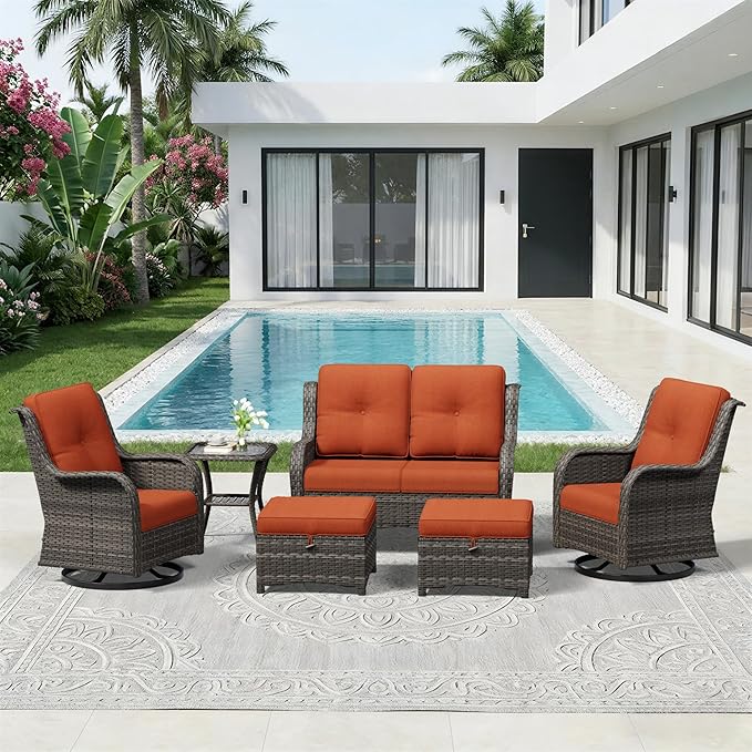 6 Piece Outdoor Wicker Patio Furniture Set, Outdoor Swivel Rocker Patio Chairs Set with Thickened Olefin Cushions, High Back and Deep Seating, Hand-Woven PE Rattan for Porch, Deck