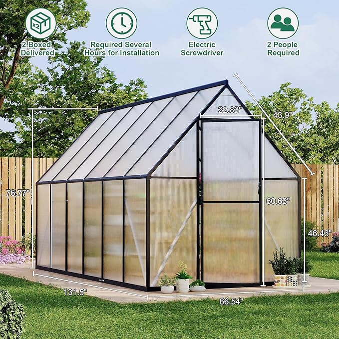 6'x11' Aluminum-Framed Polycarbonate Greenhouse, Heavy Duty Polycarbonate Greenhouse with Quick Setup Structure and Roof Vent, Large Enhanced Aluminum GreenhouseKit for Outdoors