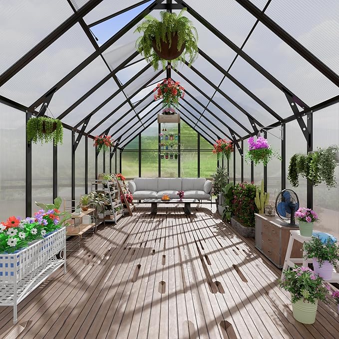 10x20 FT Greenhouse for Outdoor, Large Easy Assembly Heavy Duty Polycarbonate Panels Aluminum Frame Walk-in Green House with 3 Windows Wider Door for Garden Plants