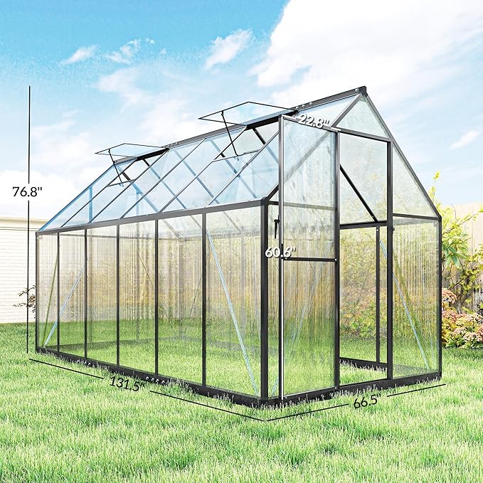 Outsunny 11x6 ft Polycarbonate Greenhouse with Swing Door and Two Adjustable Roof Vents, Aluminum Walk-in Greenhouse Outdoor Greenhouse for Patio Garden Backyard, Black
