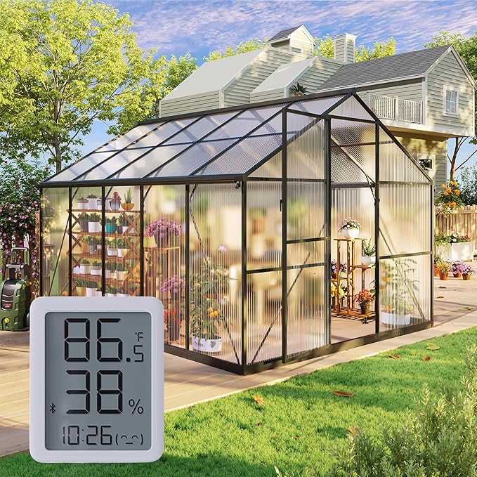 8x10FT Greenhouses for Outdoors, Polycarbonate Green House with UV Protection, Heavy Duty Greenhouse with Windproof Aluminum Frame, Roof Vent & Hygrometer for Backyard or Garden Use