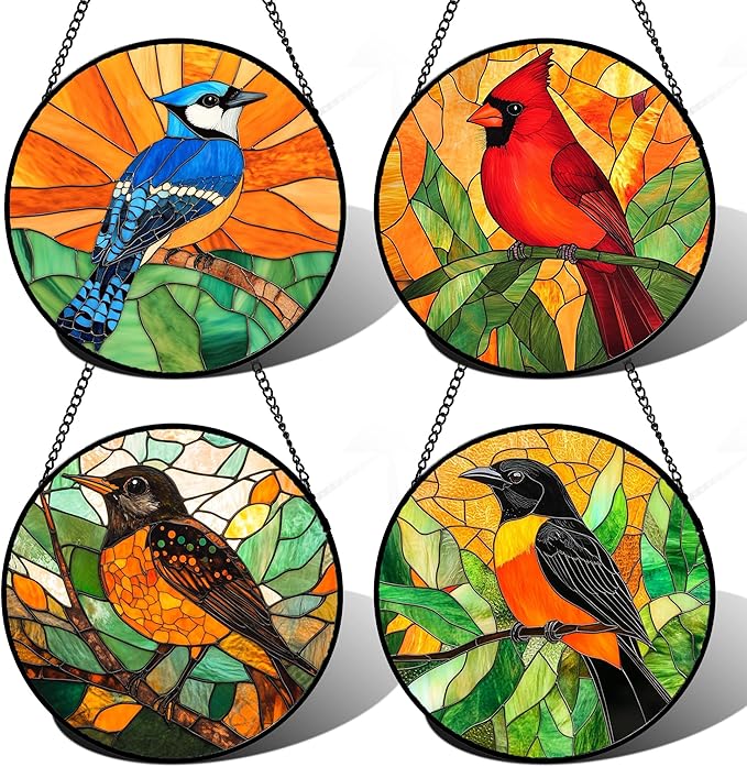 DASTOLL Stained Glass Window Hanging 4 Pcs Set Birds 7.8" - Cardinal Blue Jay Suncatcher Door Garden Sun Catcher Decor Birthday Christmas for Bird Lovers Mom Woman Nana Men