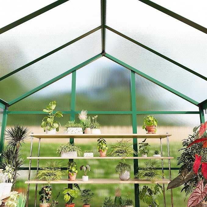 6X10 FT Greenhouse, Easy Assembly Aluminum Polycarbonate Greenhouses for Outdoors with Roof Vent, Large Aluminum Walk-in Greenhouse for Sunroom Patio, Backyard, Garden, Sliding Lockable Door, Green