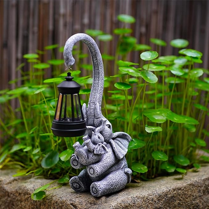 Pohabery Elephant Outdoor Statues with Cute Baby Garden Decor, Resin Elephant Figurines with Solar Lantern Outdoor Decoration Gifts for Mothers Day, Birthday Day