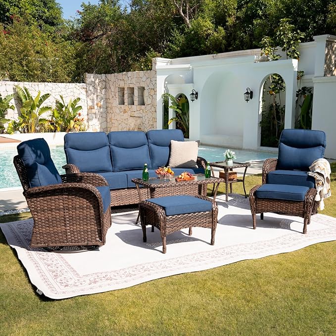 Belord Upgraded 6“ Cushion Luxury Patio Furniture Set with Fire Pit Table - 7 Piece Wicker Furniture Set with High Back Swivel Rocker Patio Chairs, Conversation Set for Deck Porch Yard - Brown/Blue