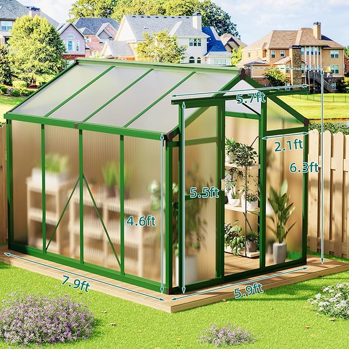 6x8 FT Greenhouse - Large Aluminum Greenhouses for Outdoors, Heavy Duty Polycarbonate Greenhouse with Roof Vent&Ground Nails, Walk-in Green Houses for Garden, Backyard, Patio, Easy Assembly