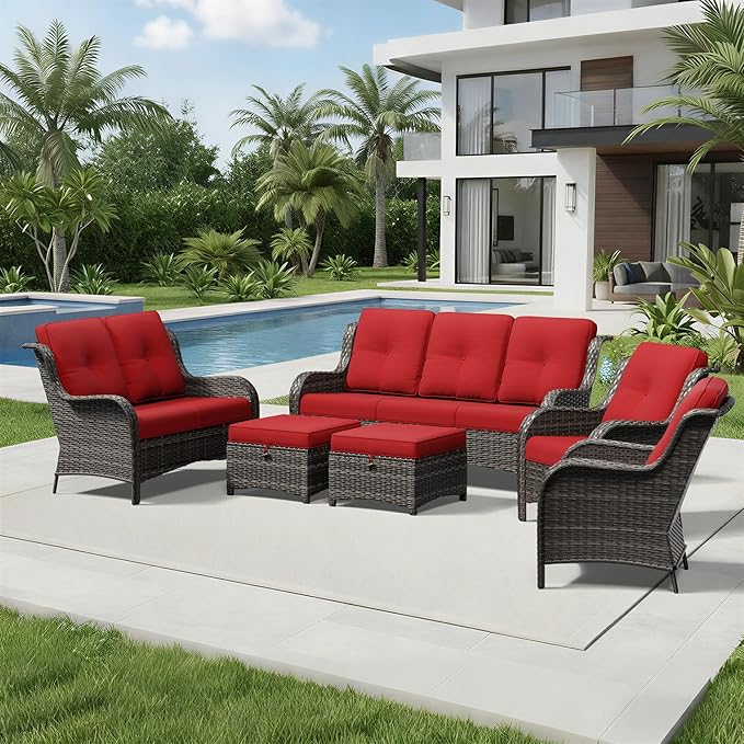 Joyside 6 Piece Wicker Patio Furniture Set, Rattan Patio Chairs with High Back, Deep Seating, Wide Armrest, Thickened Cushions, Outdoor Furniture for Deck, Porch Use